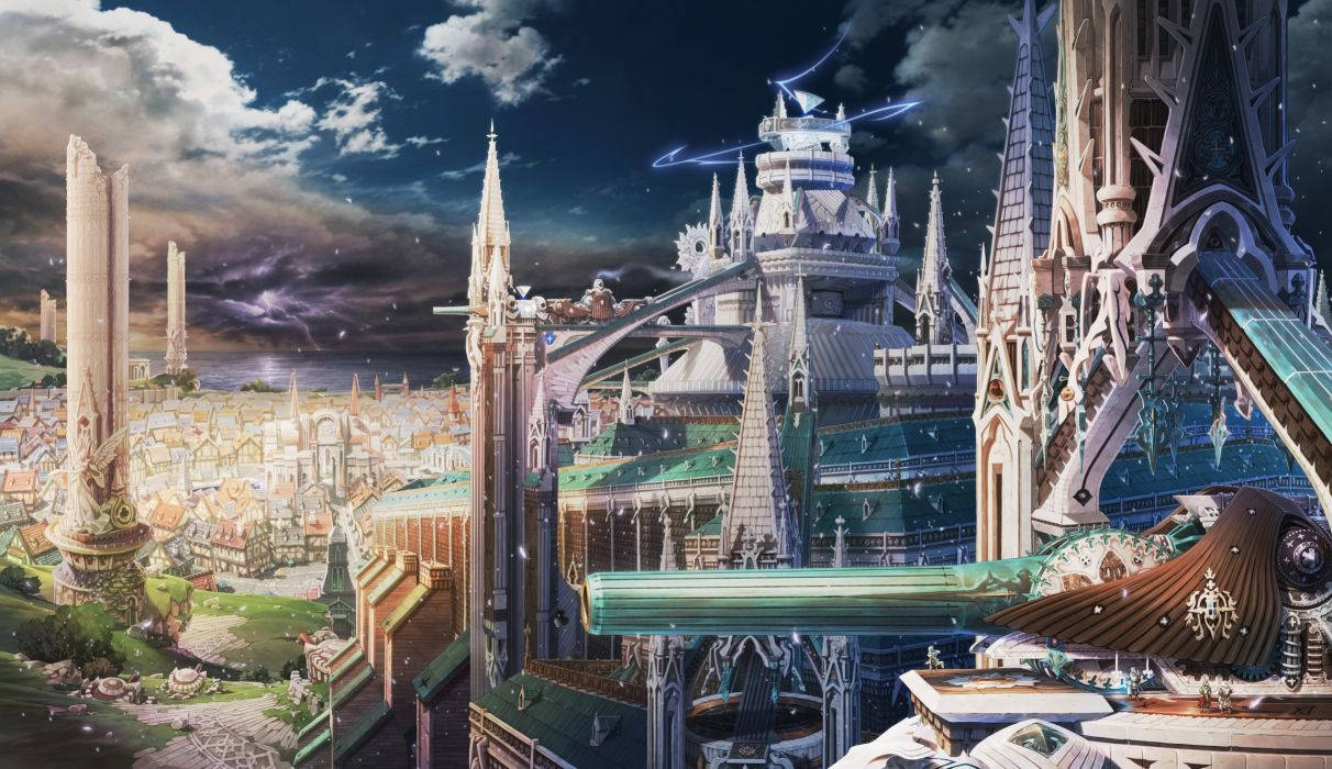 1212x700 Clouds Castles Cityscapes Fantasy Art Anime Cities Wallpaper Wallpaper