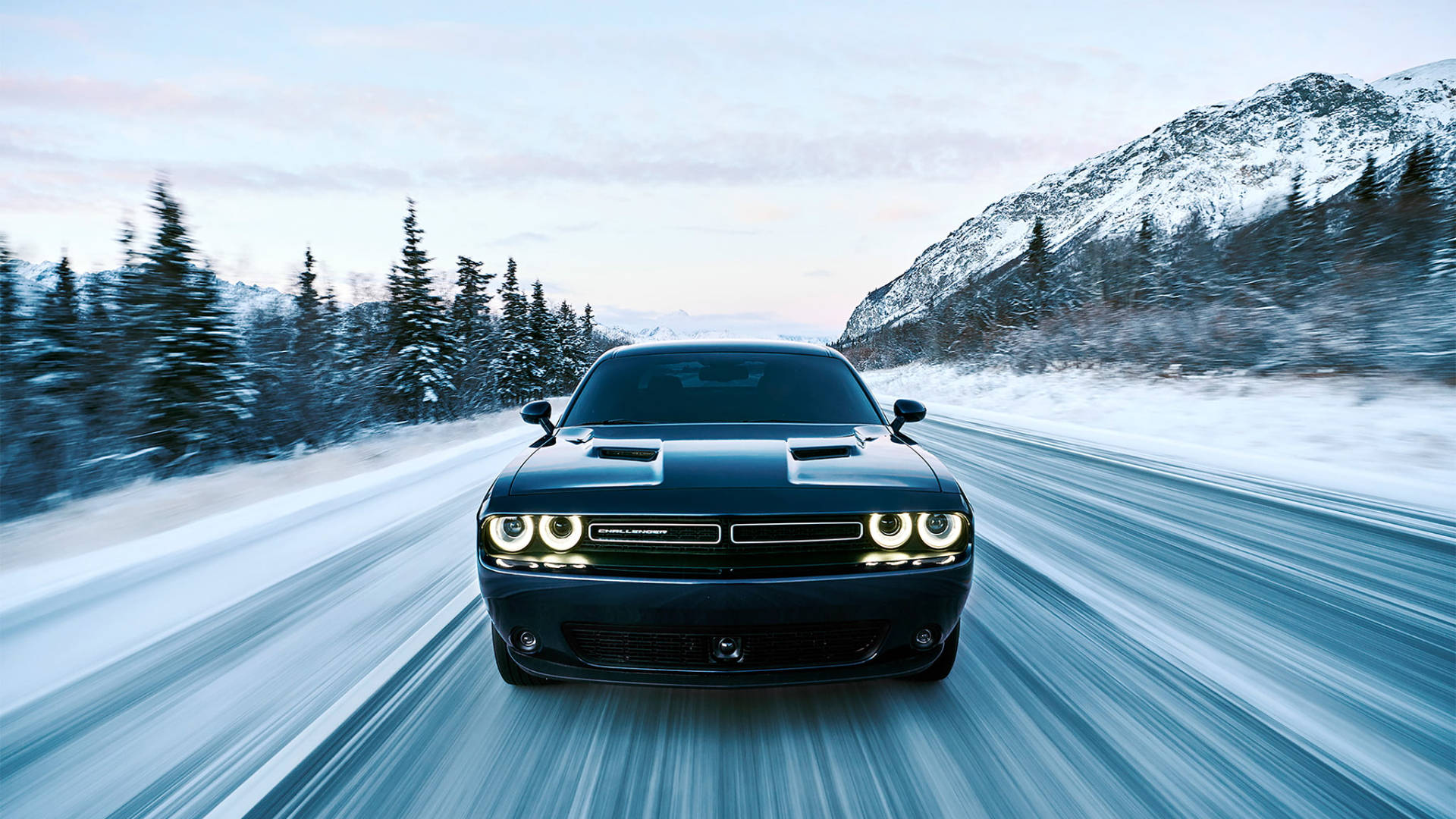 2017 Blue Dodge Challenger During Winter Wallpaper