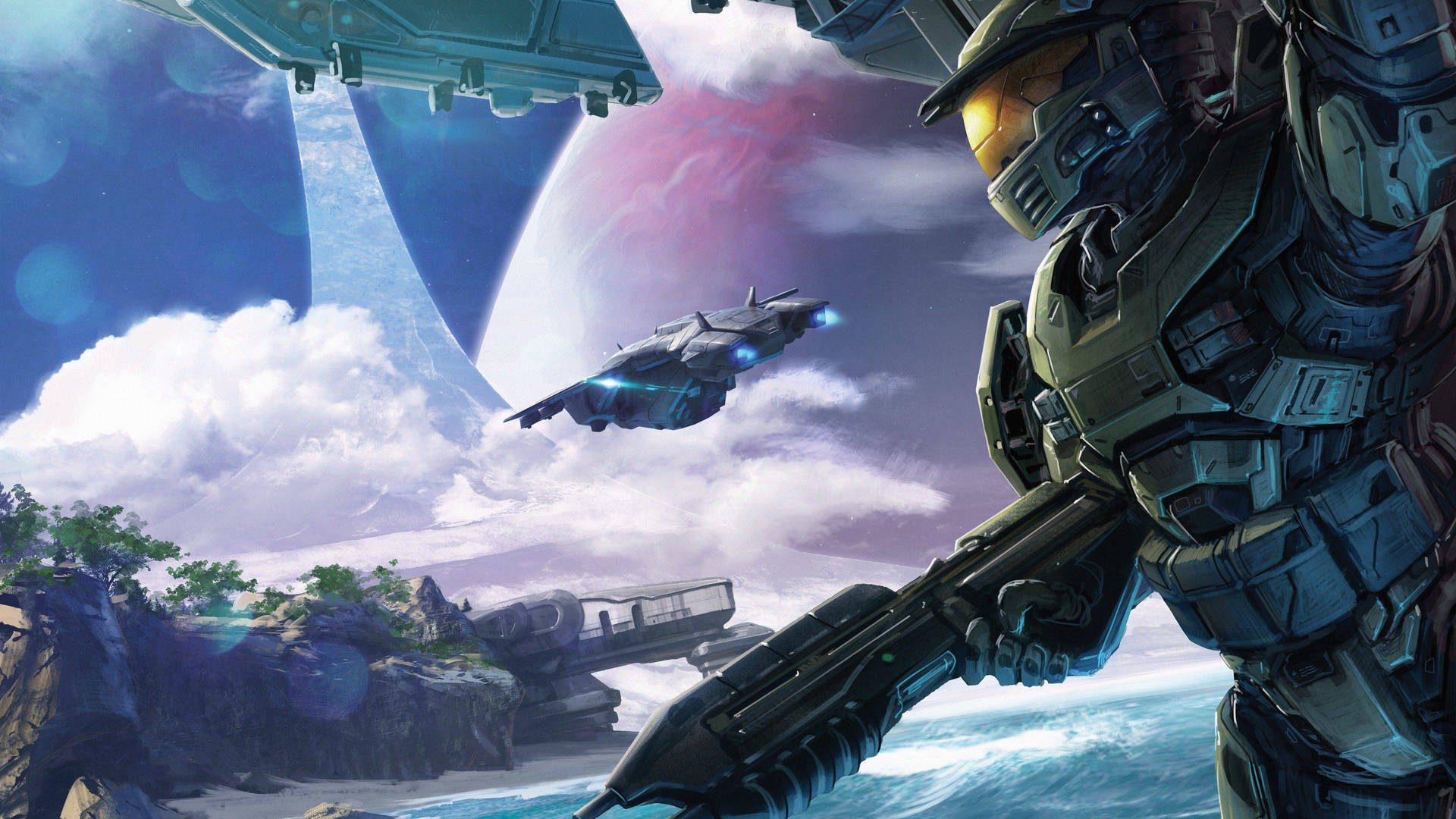 4k Master Chief Looking At Aircraft Wallpaper