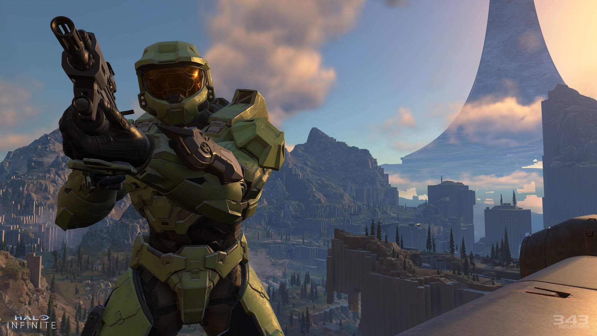 4k Master Chief Shooting Outdoors Wallpaper