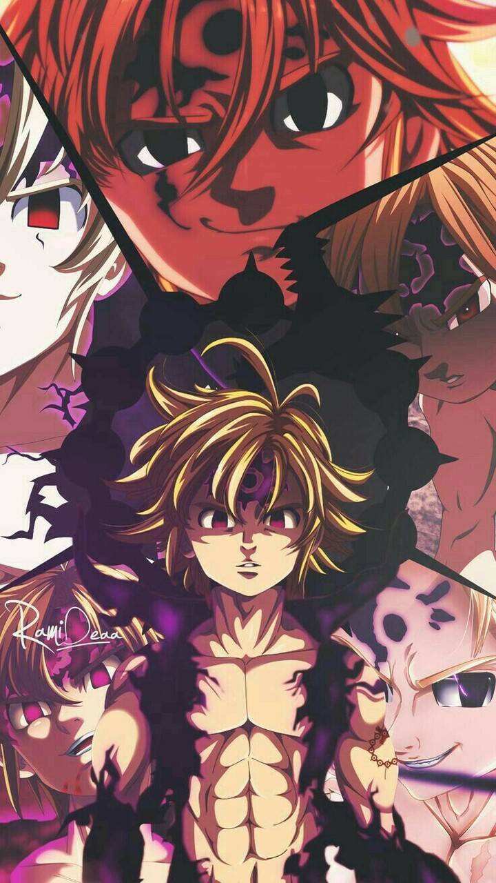 A Collage Artwork Of Meliodas, Hero Of The Seven Deadly Sins, Stands Tall Amid Chaos. Wallpaper