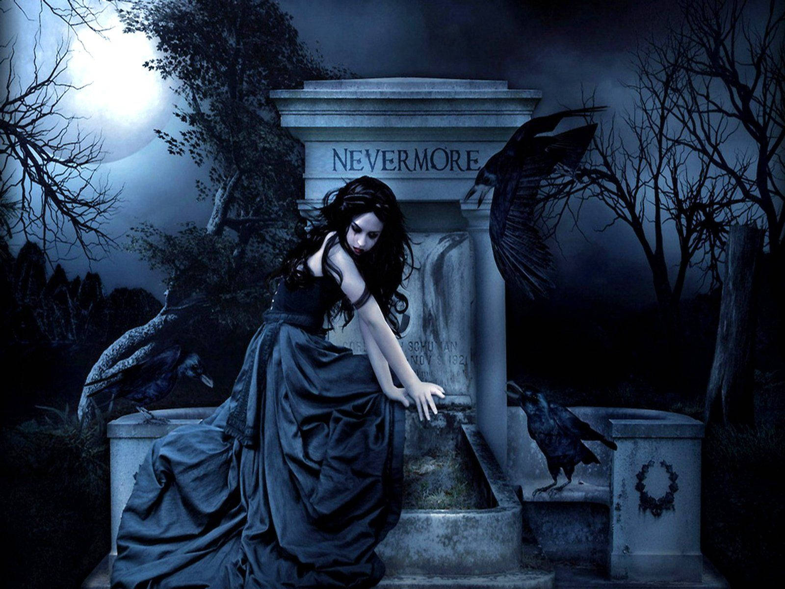 A Gothic Girl At The Nevermore Tomb Wallpaper