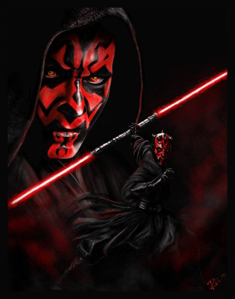 “a Painting Of Darth Maul Wielding His Iconic Saberstaff” Wallpaper