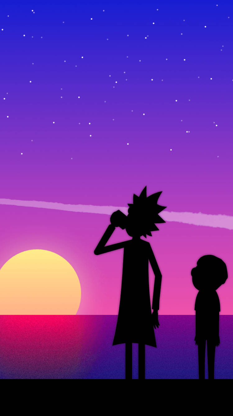 A Silhouette Of Rick And Morty Relaxing On The Beach Wallpaper