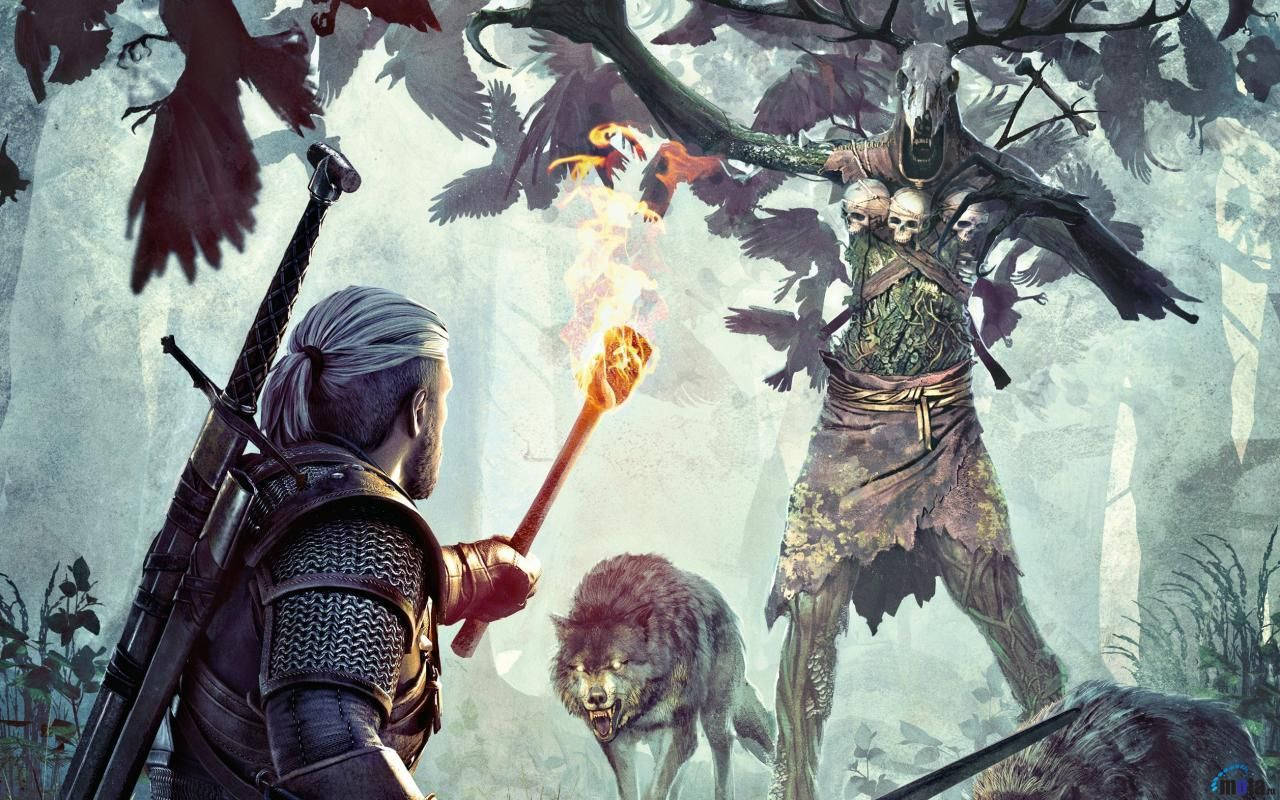 A Wolf And Leshen Face Off Against Each Other In The World Of The Witcher Wallpaper