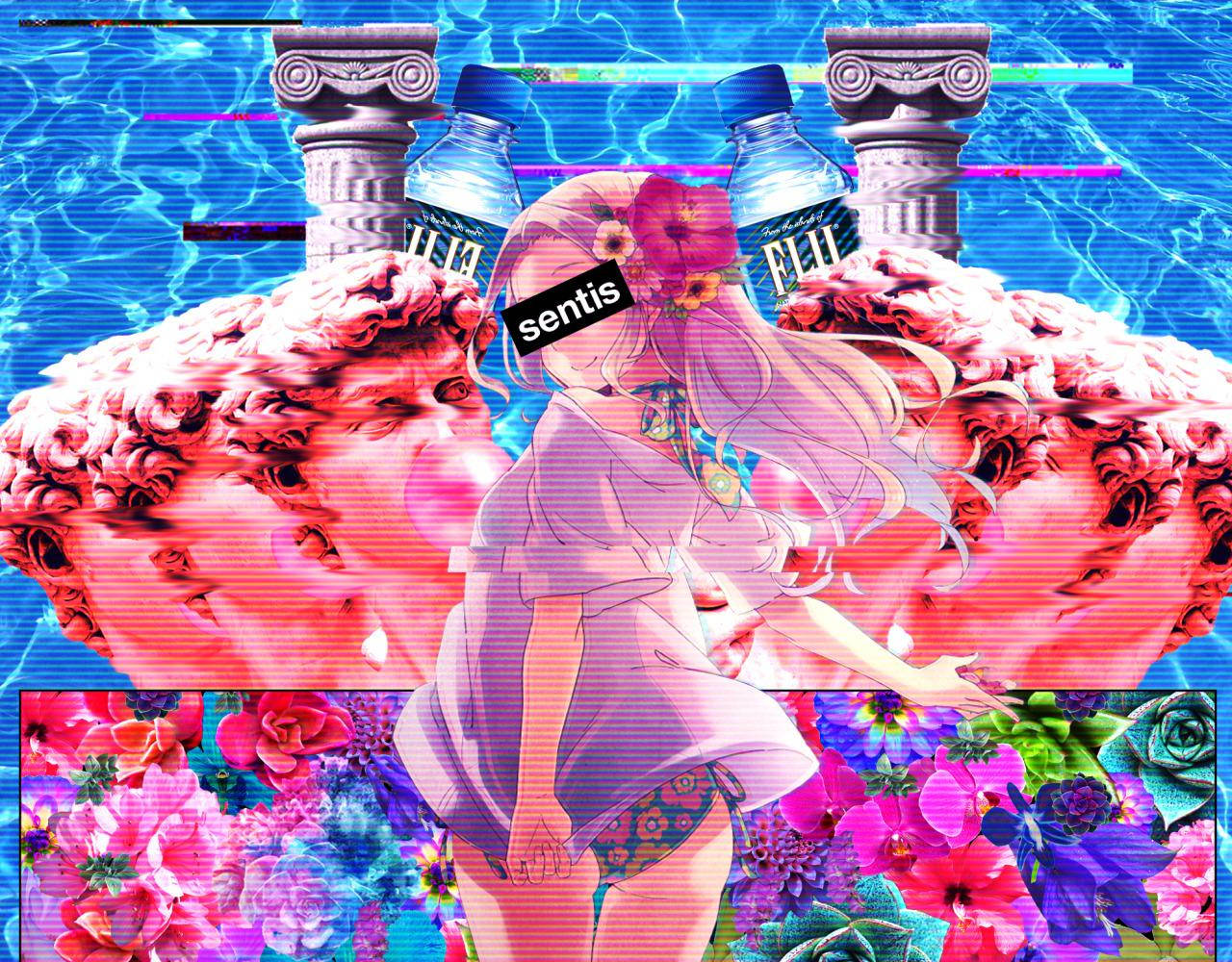 Anime Waifu In Swimsuit Vaporwave Aesthetic Wallpaper