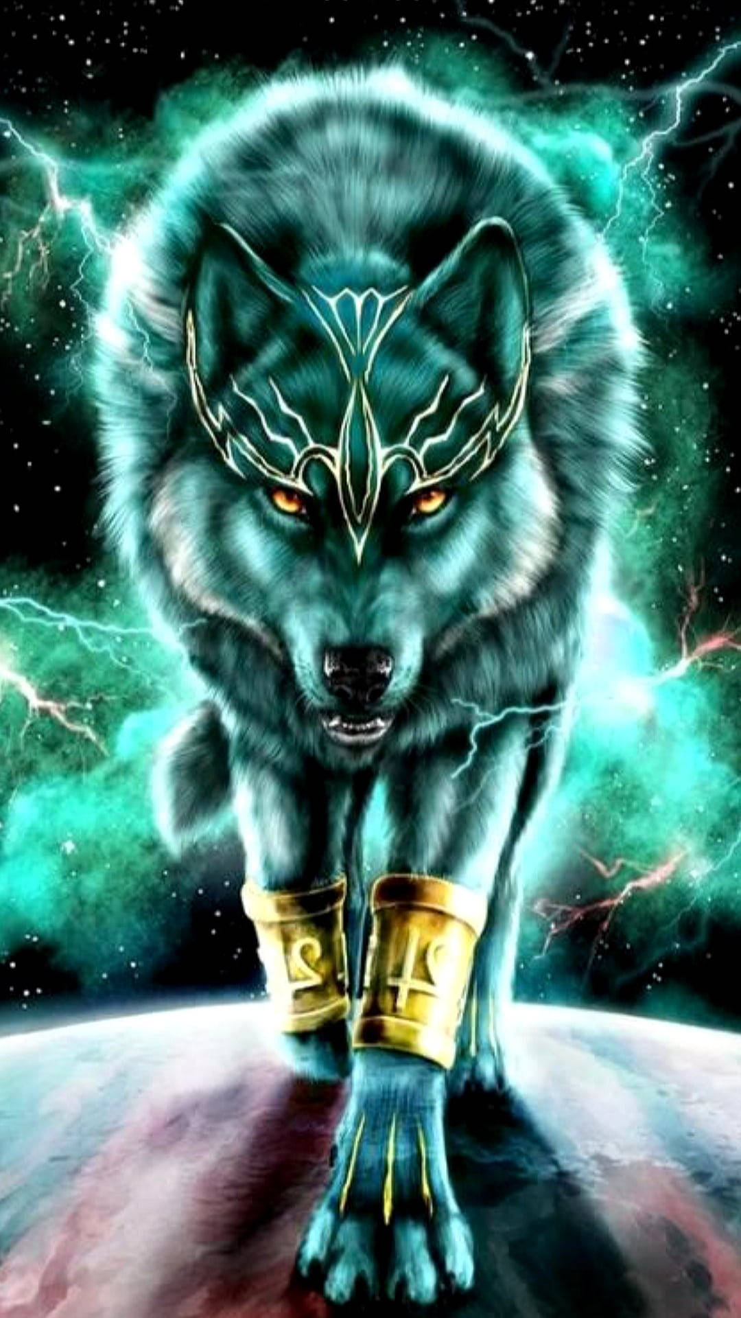 Anime Wolf Walking On Planet Neon Blue Wallpaper