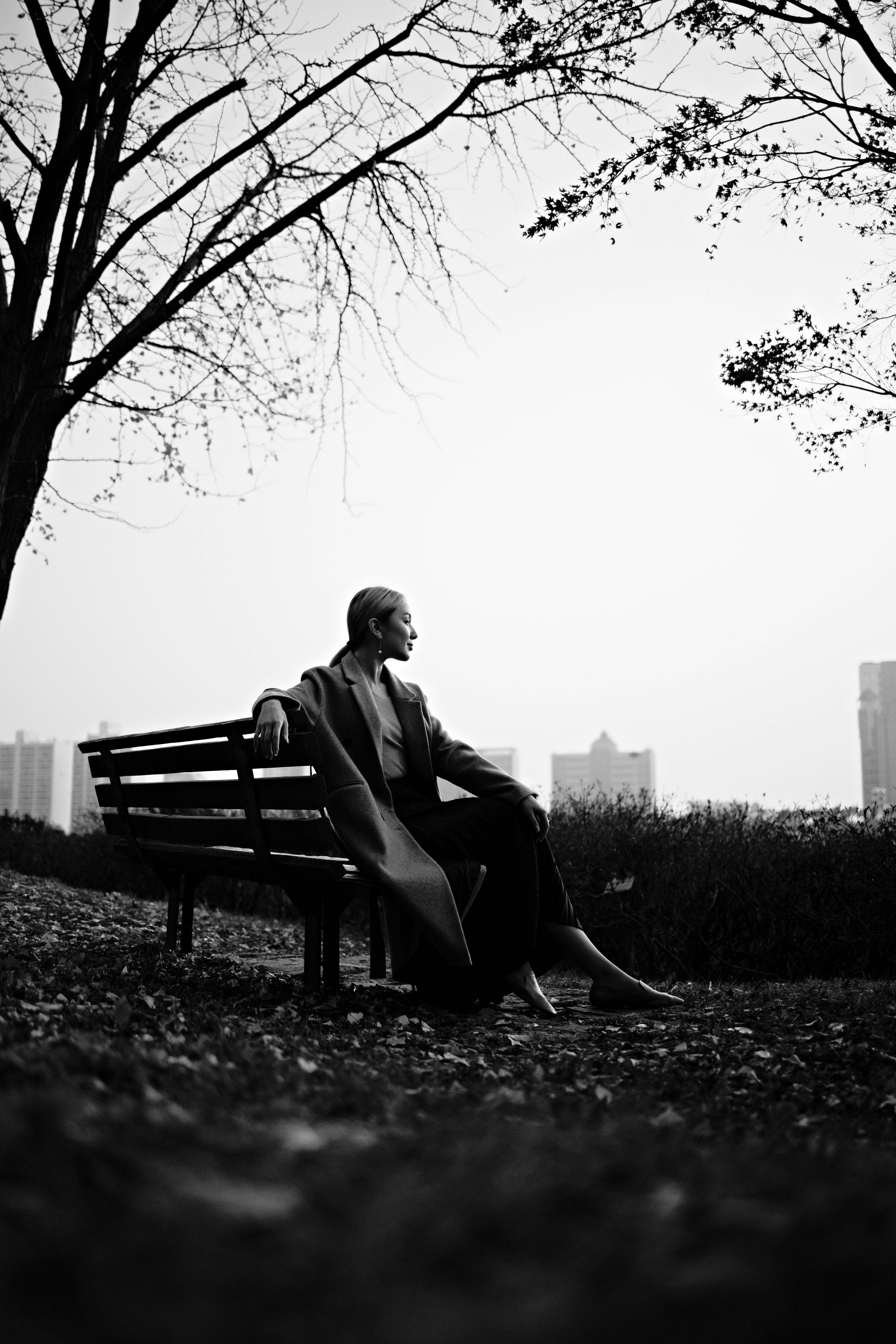 Black And White Photography Girl On Bench Wallpaper