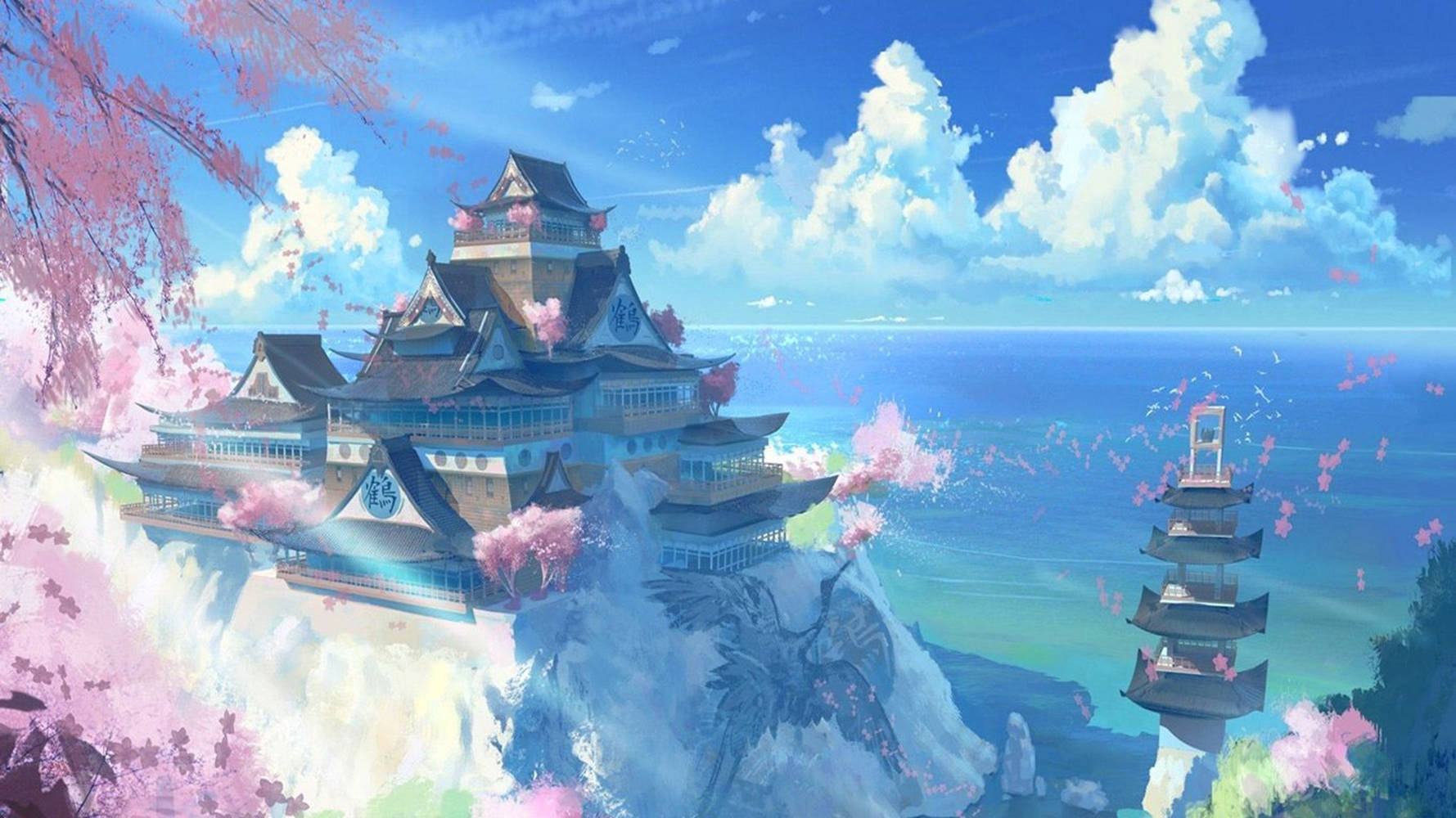 Blue Anime Temple Aesthetic Wallpaper