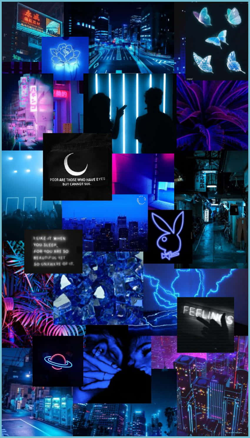 Blue Neon Aesthetic Collage Wallpaper