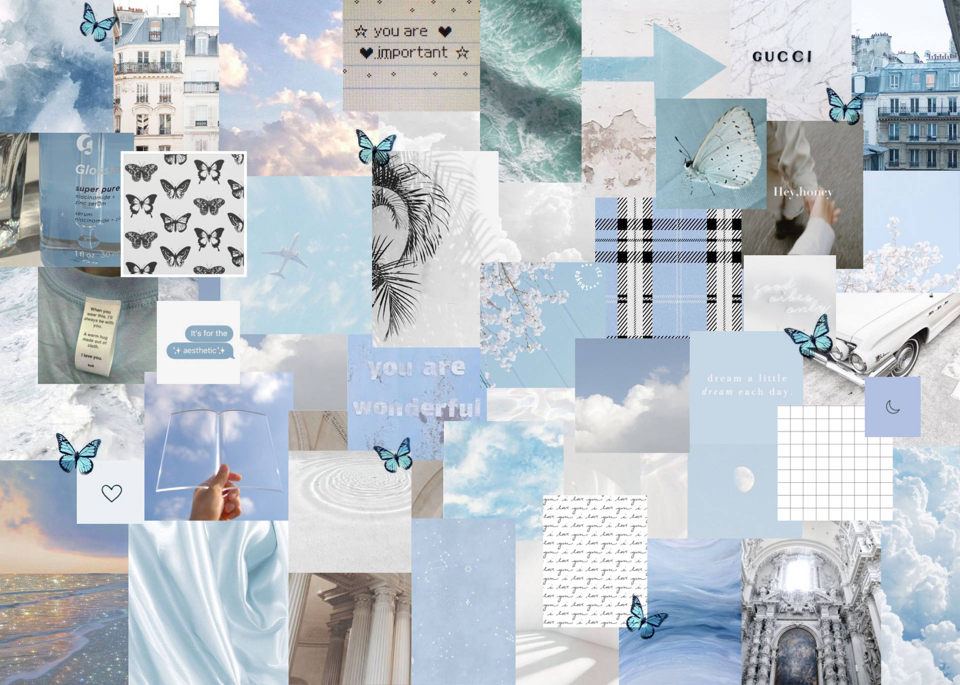 Blue White Aesthetic Collage Laptop Wallpaper