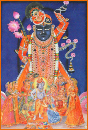 Caption: Divine Radiance Of Shrinathji And Yamunaji Wallpaper