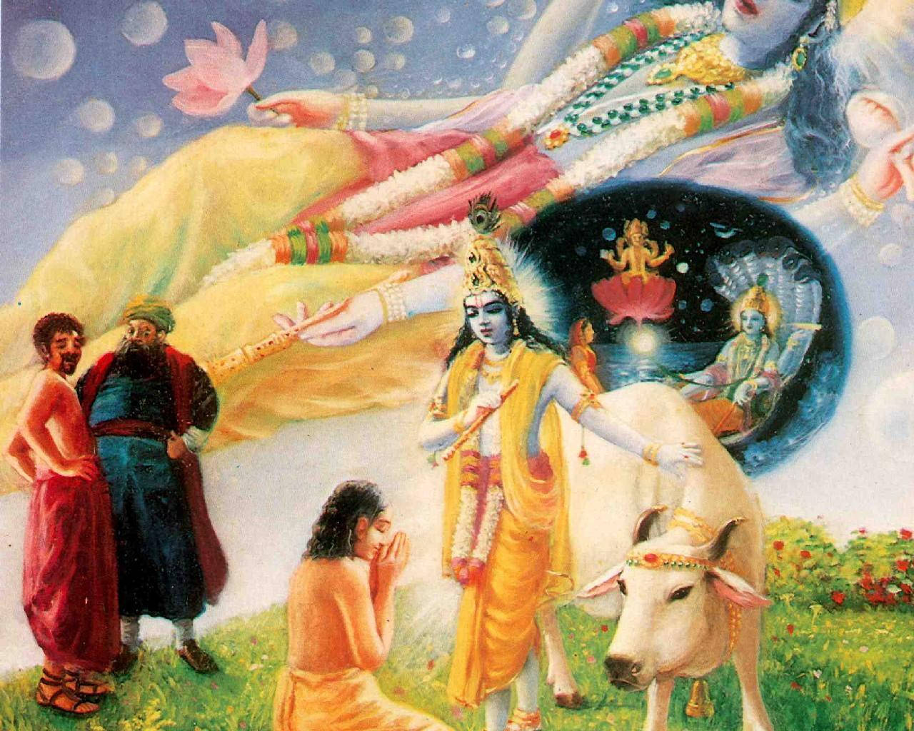 Caption: Divine Scene Of Bhagavad Gita With Lord Vishnu Wallpaper