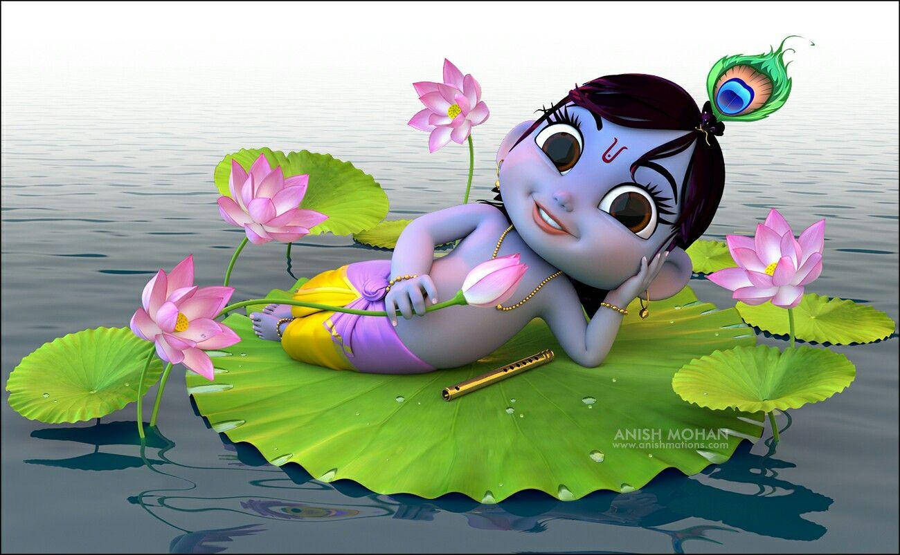 Cartoon Krishna On Lotus Flower Wallpaper