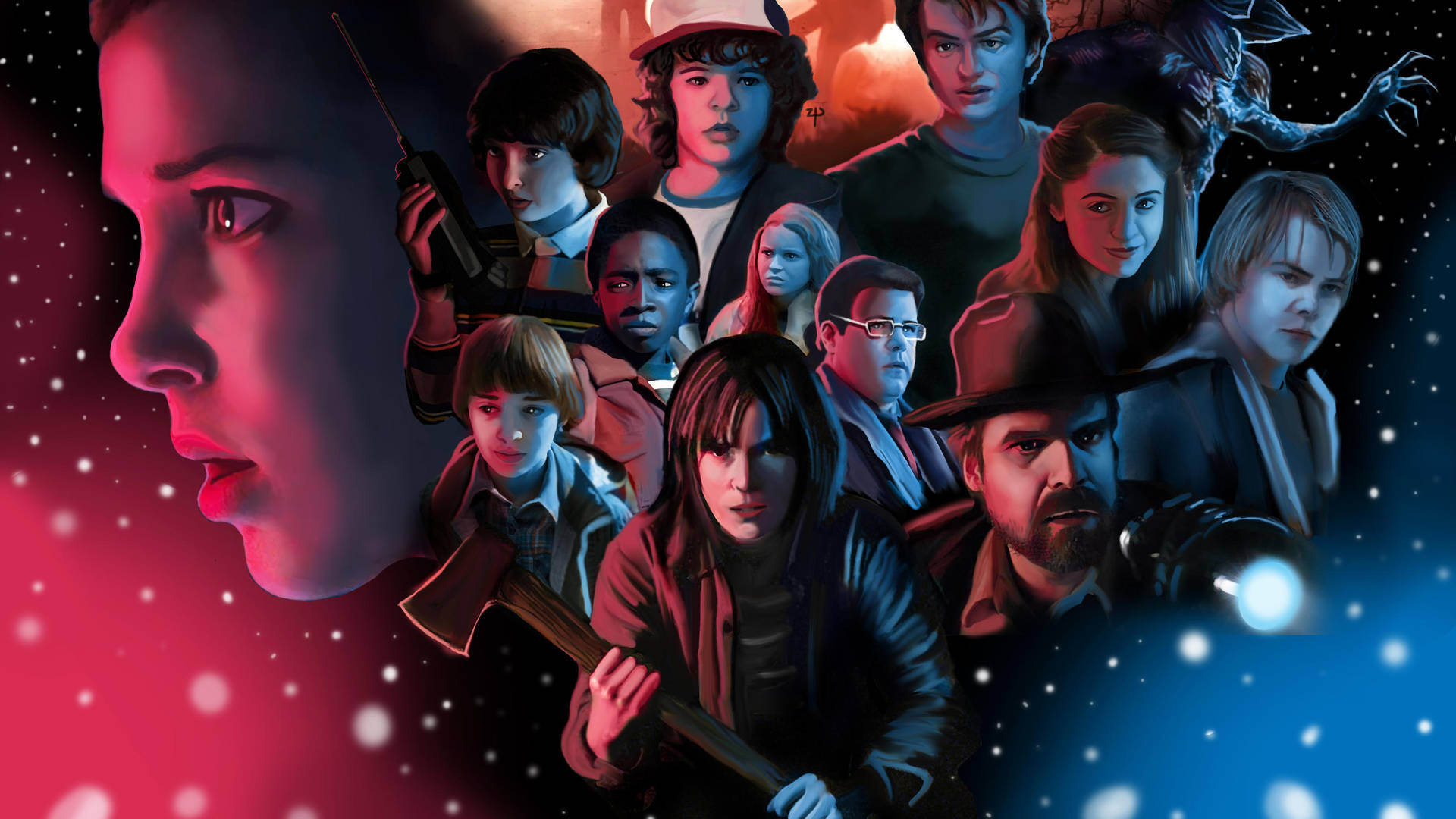 Cartoonish Stranger Things Cast Wallpaper