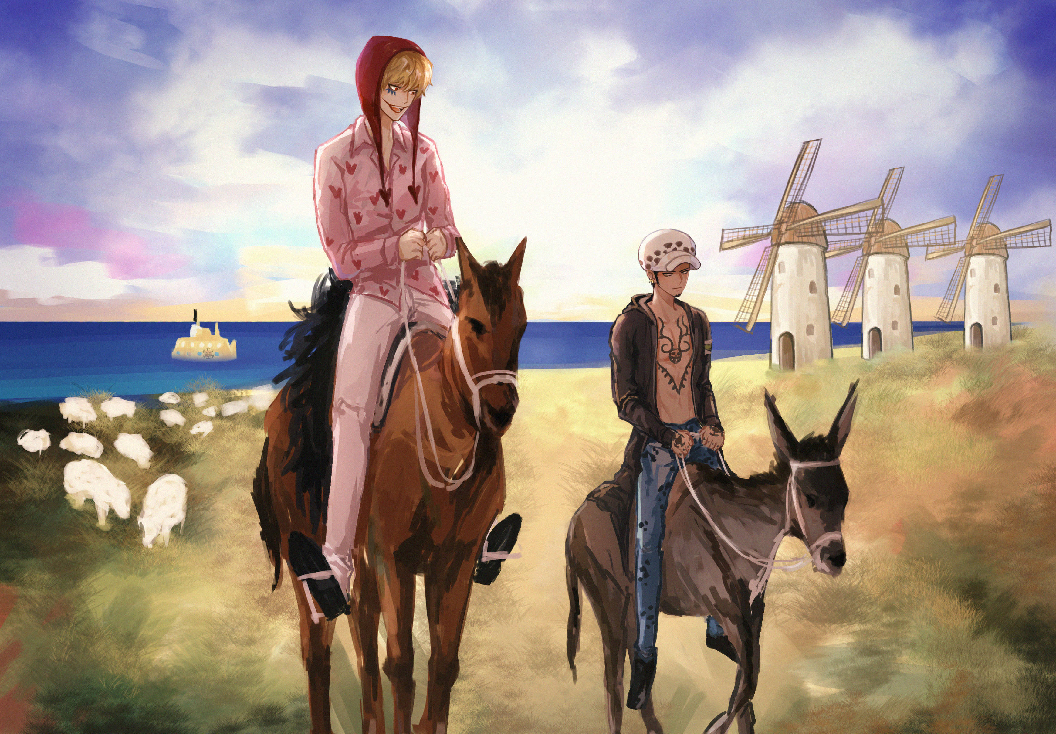 Corazon And Trafalgar Law One Piece Riding Horses Wallpaper