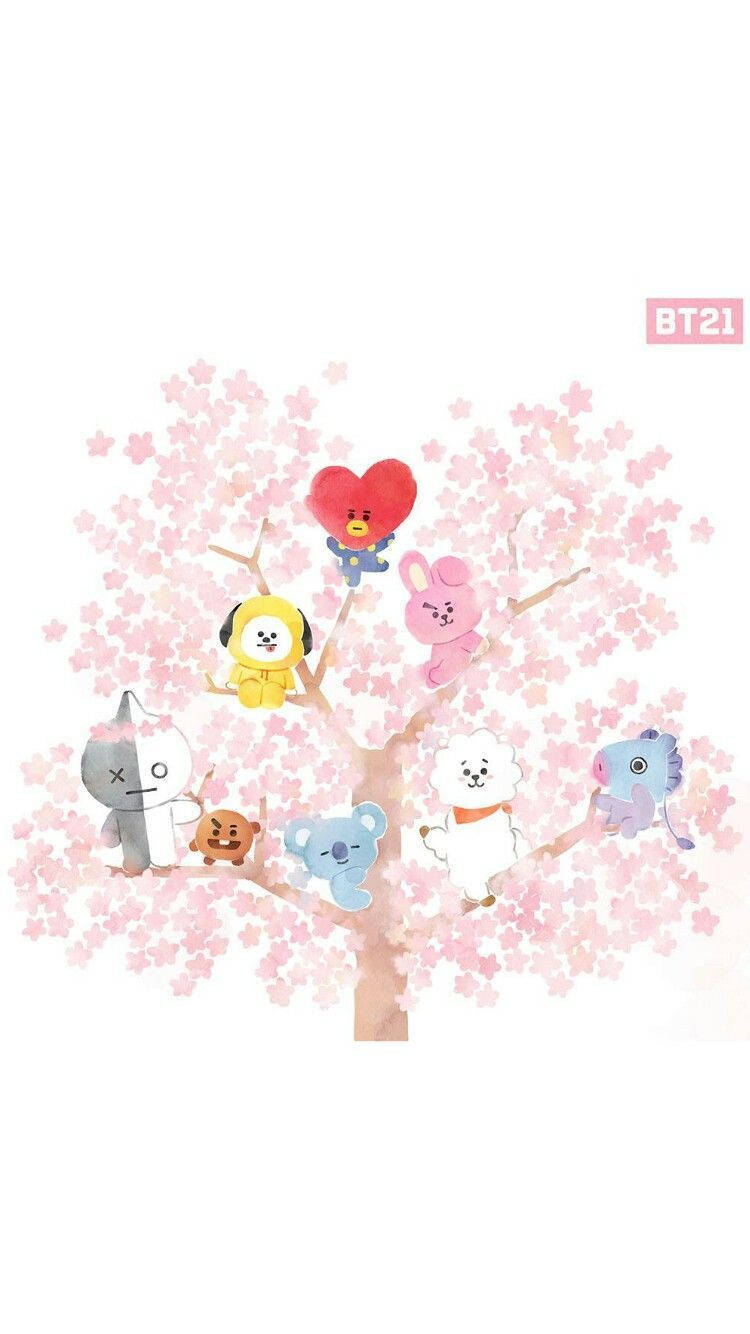 Cute Bt21 Cherry Blossom Wallpaper