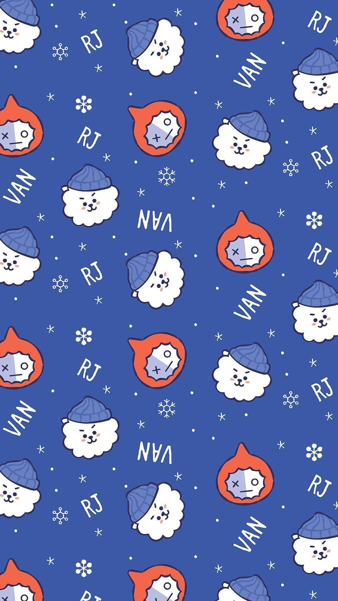 Cute Bt21 Van Rj Snowflakes Wallpaper