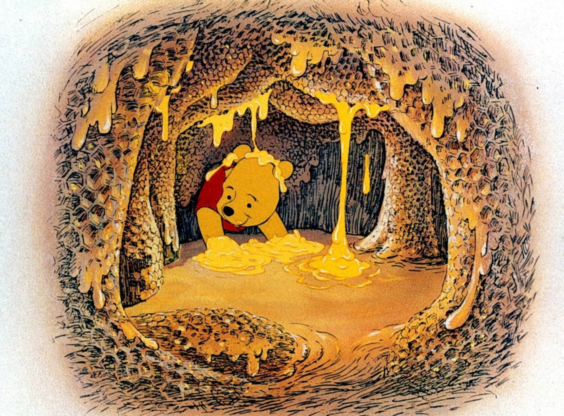 Cute Winnie The Pooh In Honeycomb Wallpaper