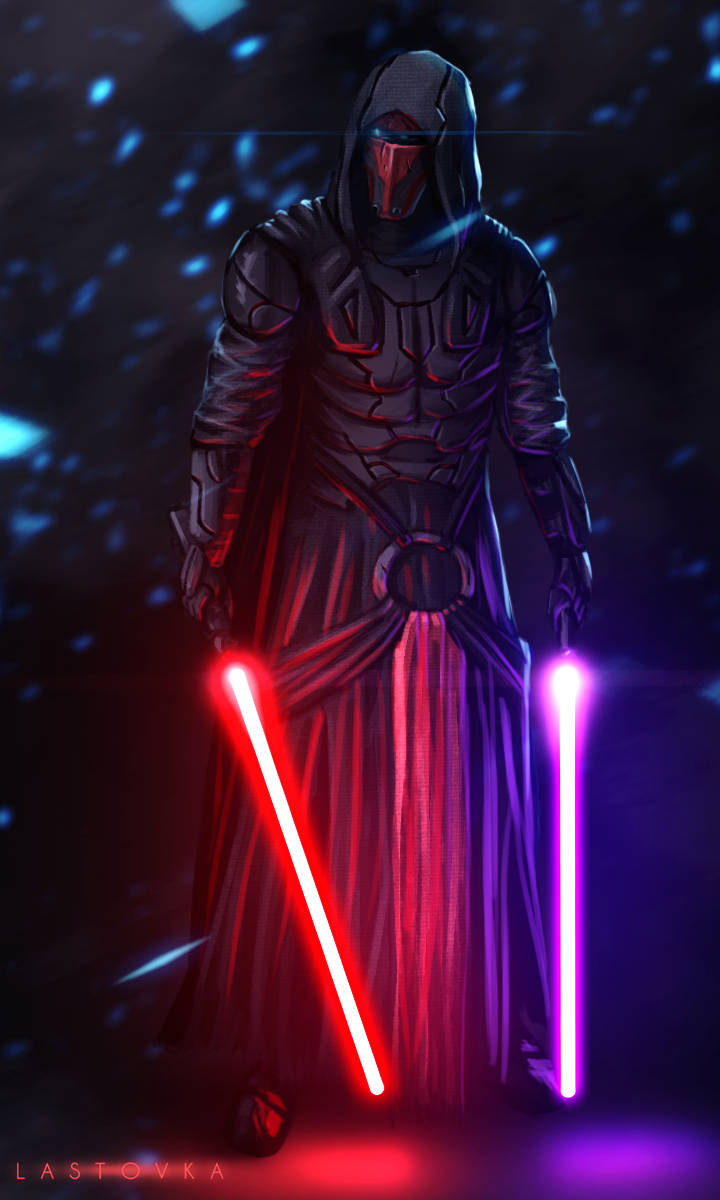 Darth Revan Watches From The Shadows, Wielding Two Neon Colored Lightsabers Wallpaper