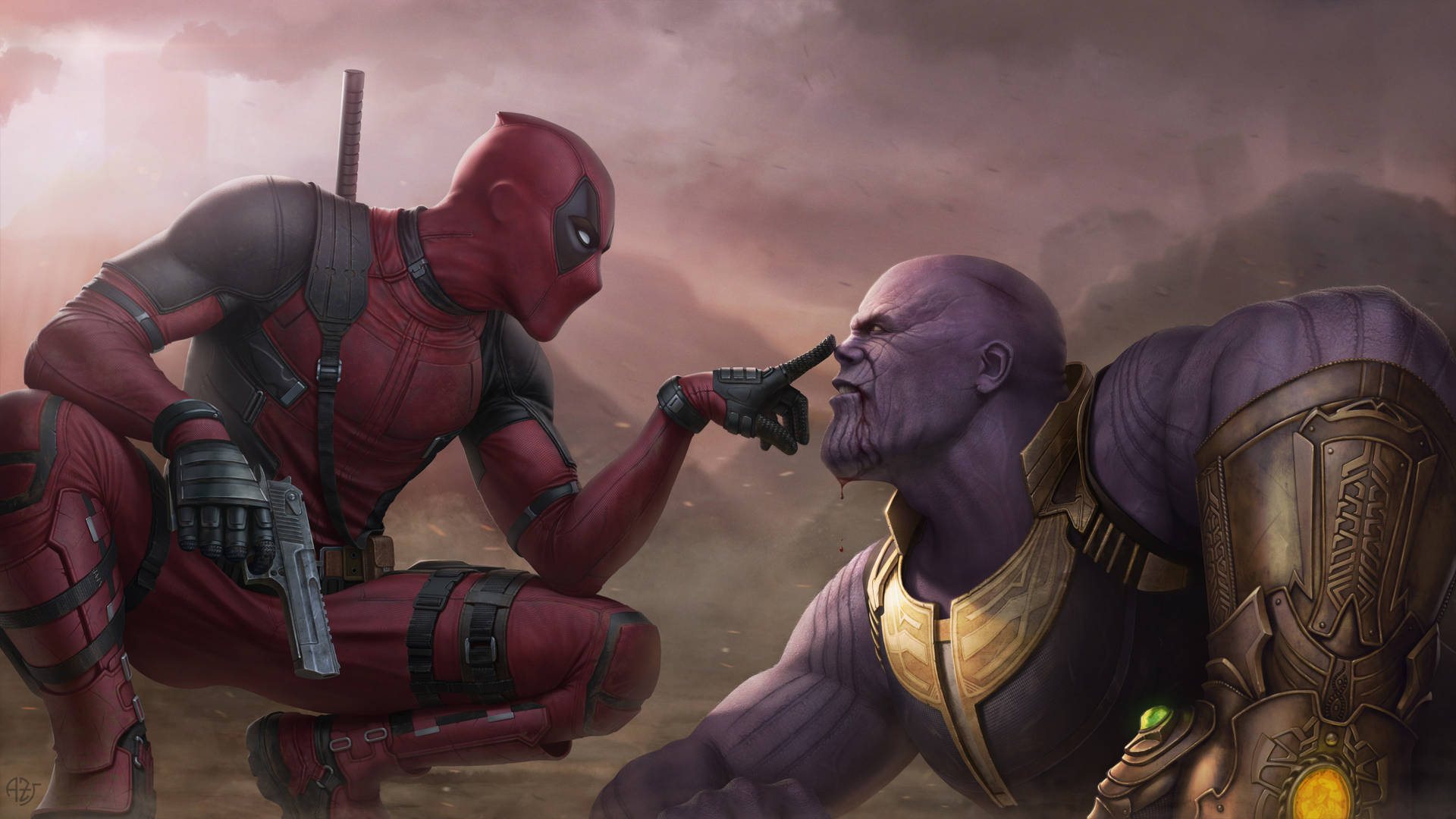 Deadpool Poking Thanos Hd Wallpaper