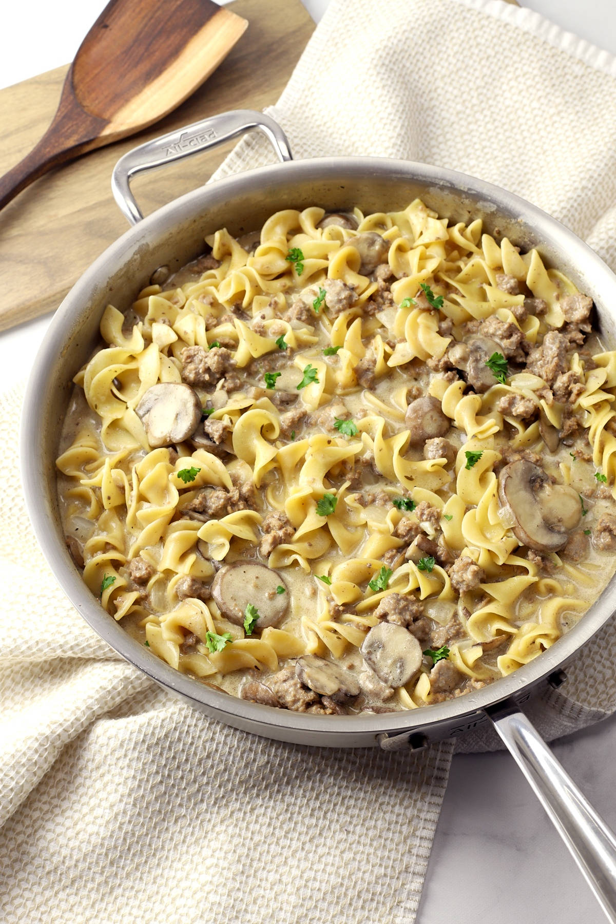 Delectable Beef Stroganoff Served With Rotini Pasta Wallpaper