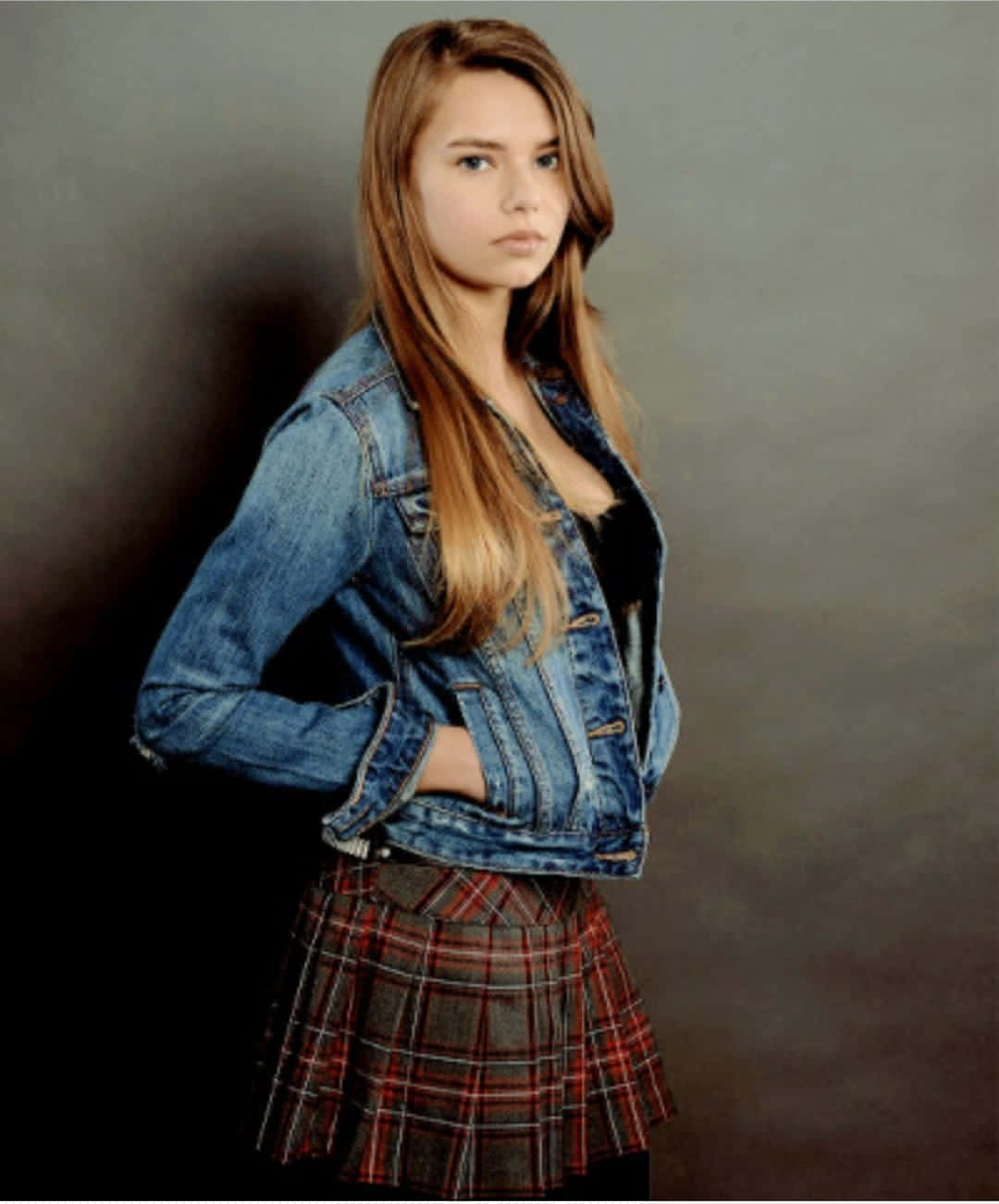 Denim Jacketand Plaid Skirt Wallpaper