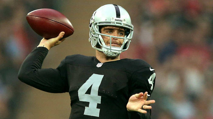 Derek Carr In Black Ready To Throw Ball Wallpaper