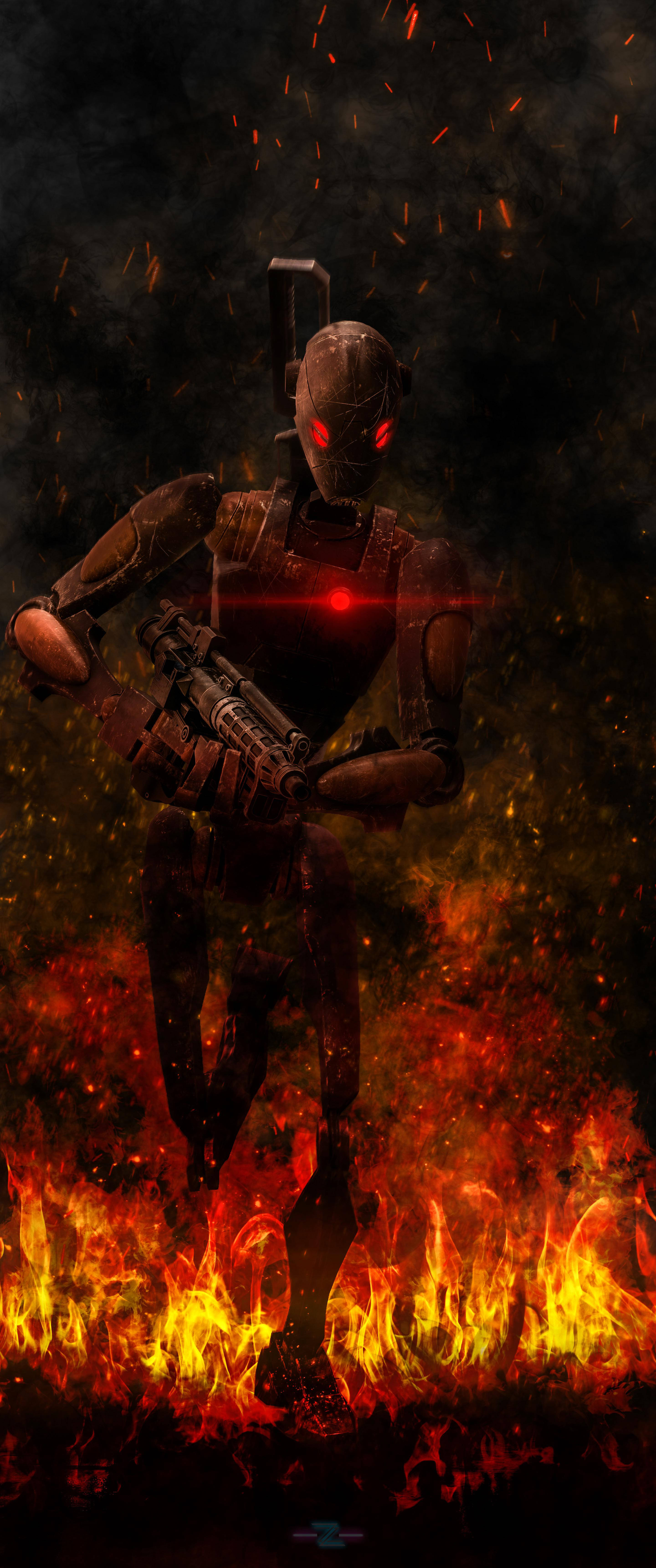 Droid Running Flames Wallpaper