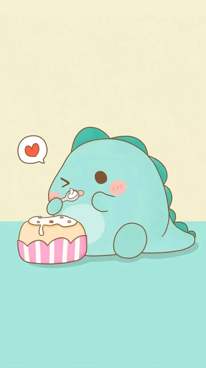 Eating Sweet Dessert Dino Kawaii Iphone Wallpaper