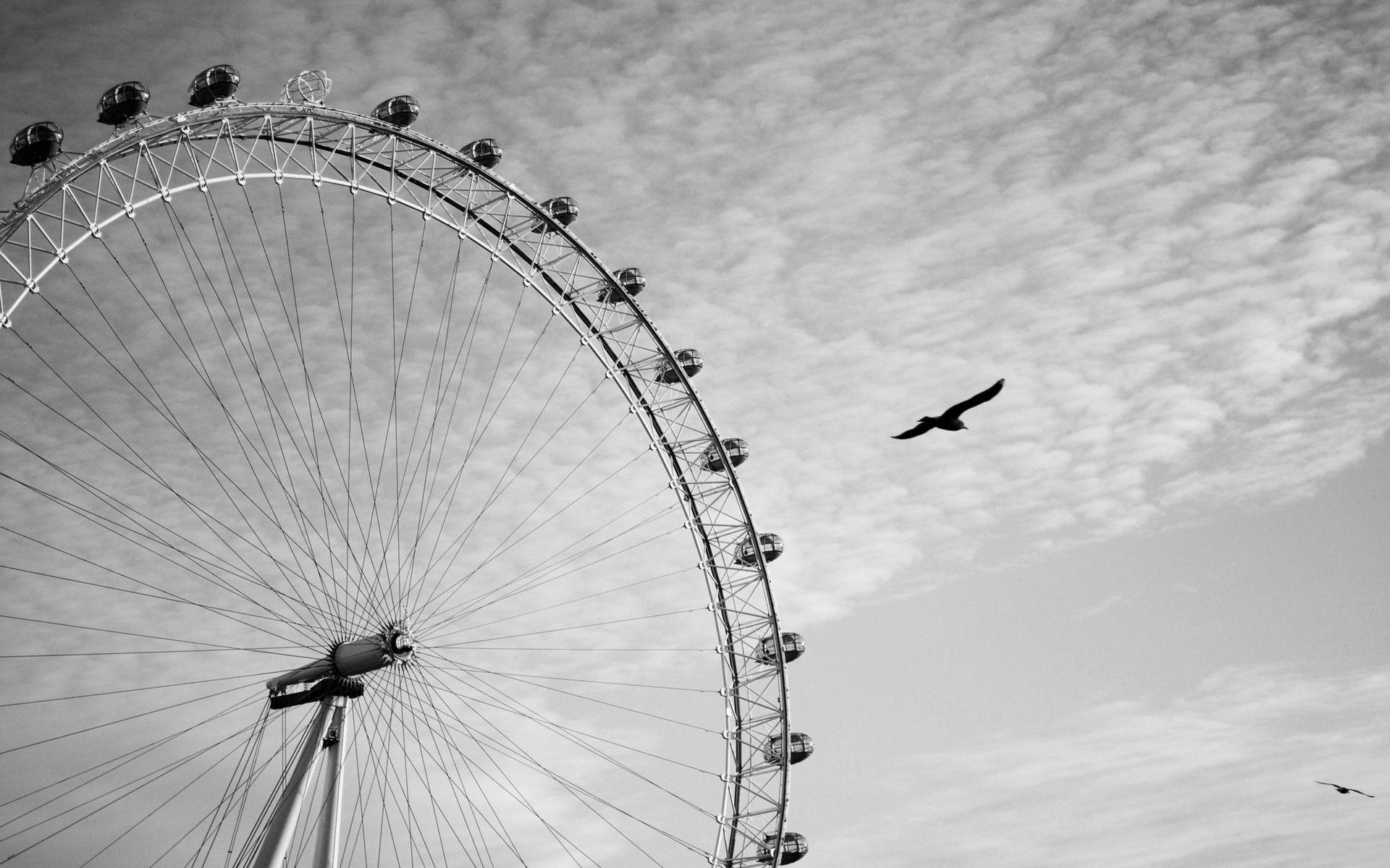 Ferris Wheel With Flying Bird Grayscale Wallpaper