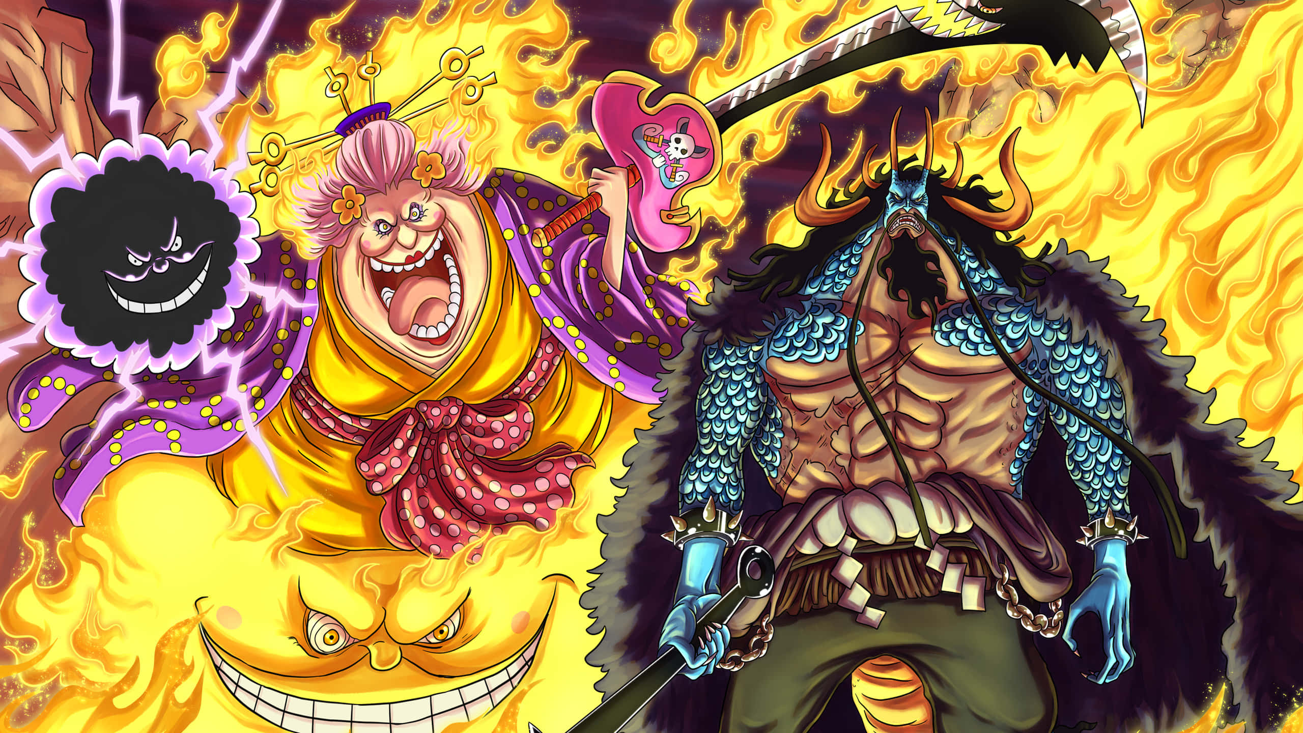 Fierce Pirate Kaido Stands Tall In Front Of The Bounty Hanging From His Arm To Declare His Power Wallpaper