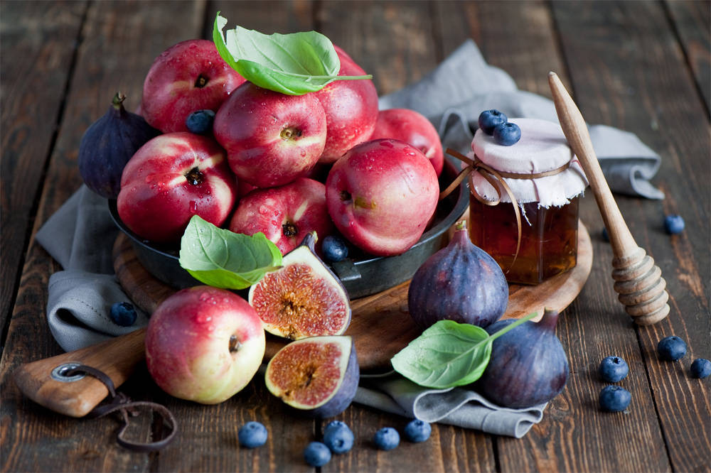 Fresh Figs, Apples And Honey On Rustic Table Wallpaper