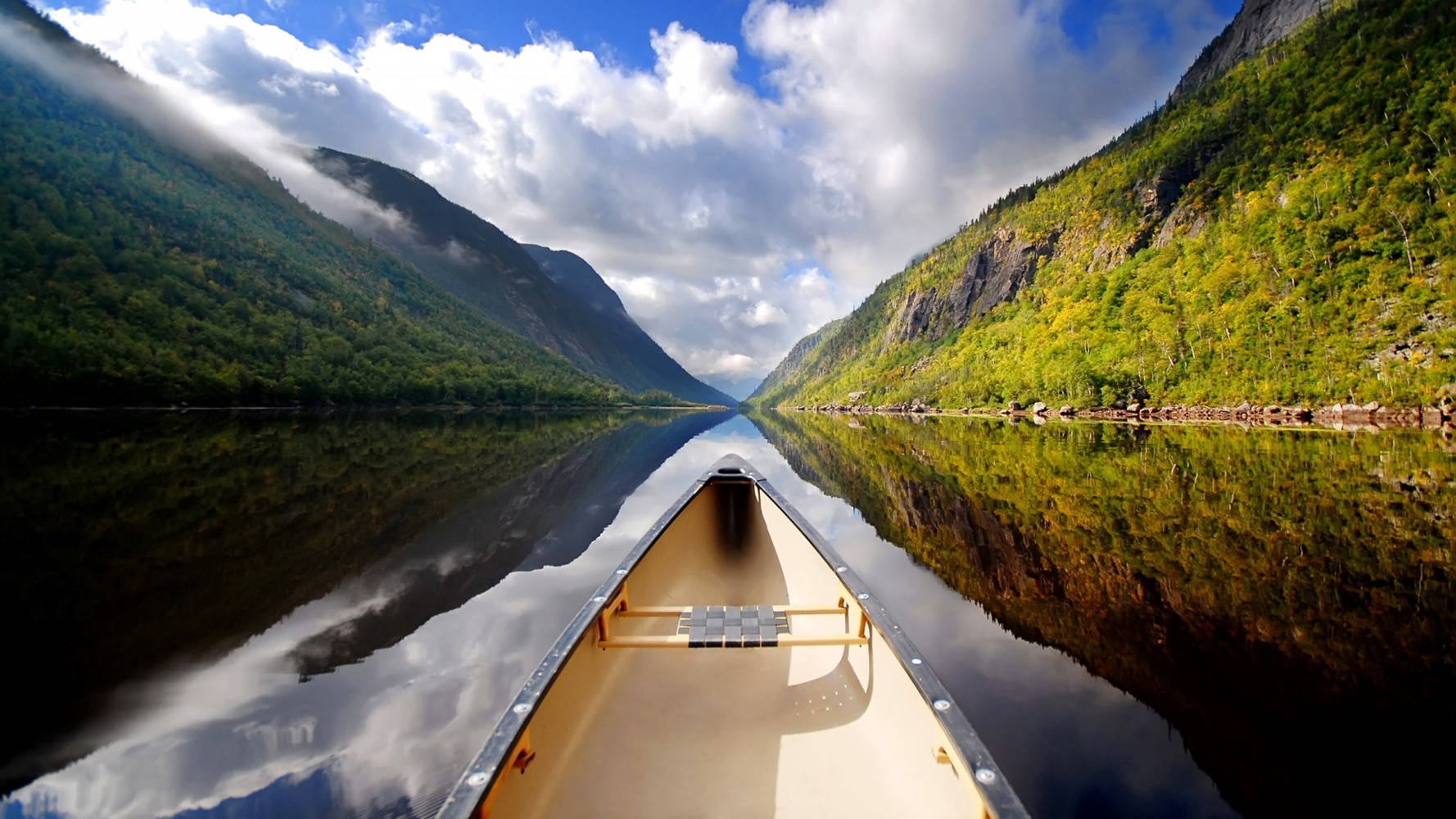 Front View Of Two People Canoeing On Calm Waters Wallpaper