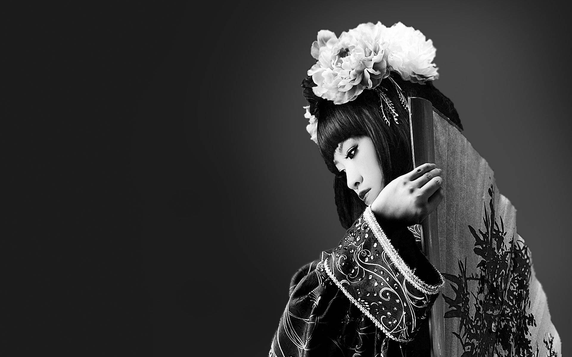 Geisha Flower Headdress Greyscale Wallpaper