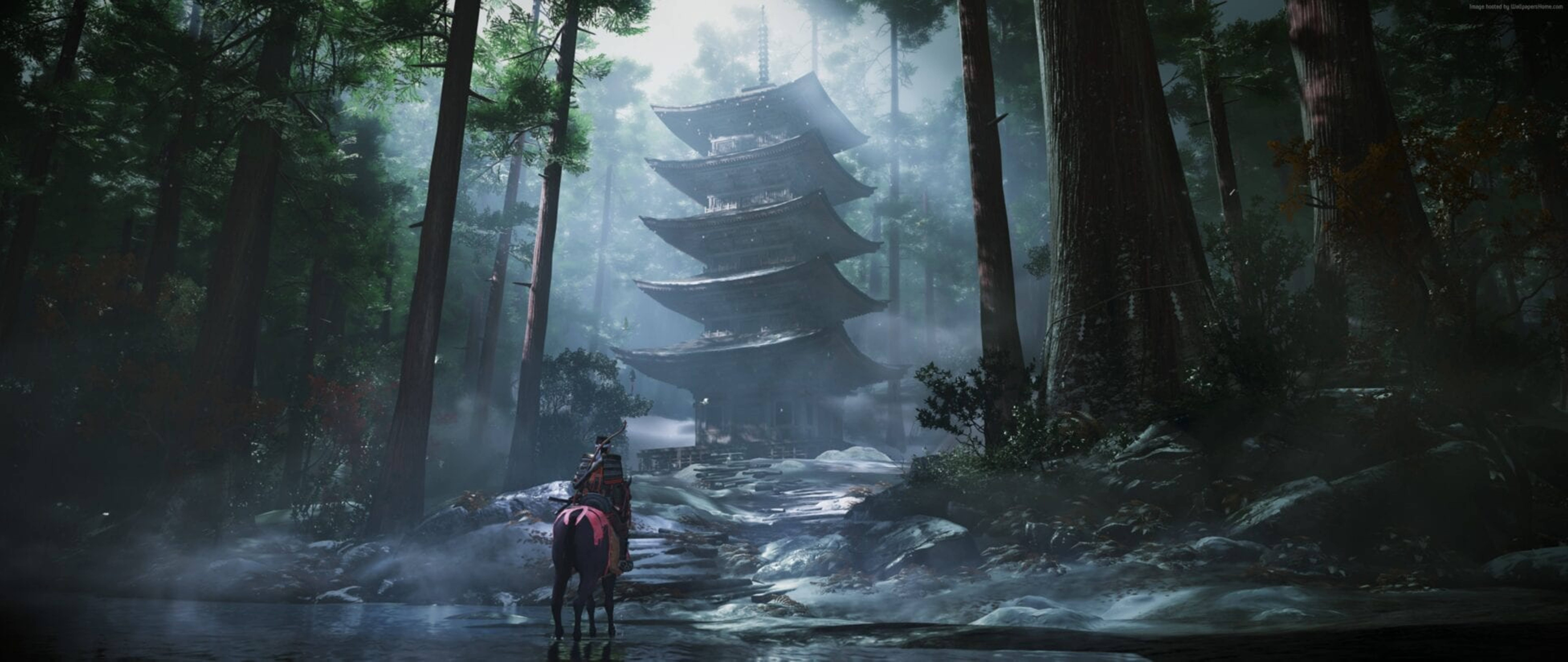 Ghost Of Tsushima Jin Approaching A Temple 4k Wallpaper