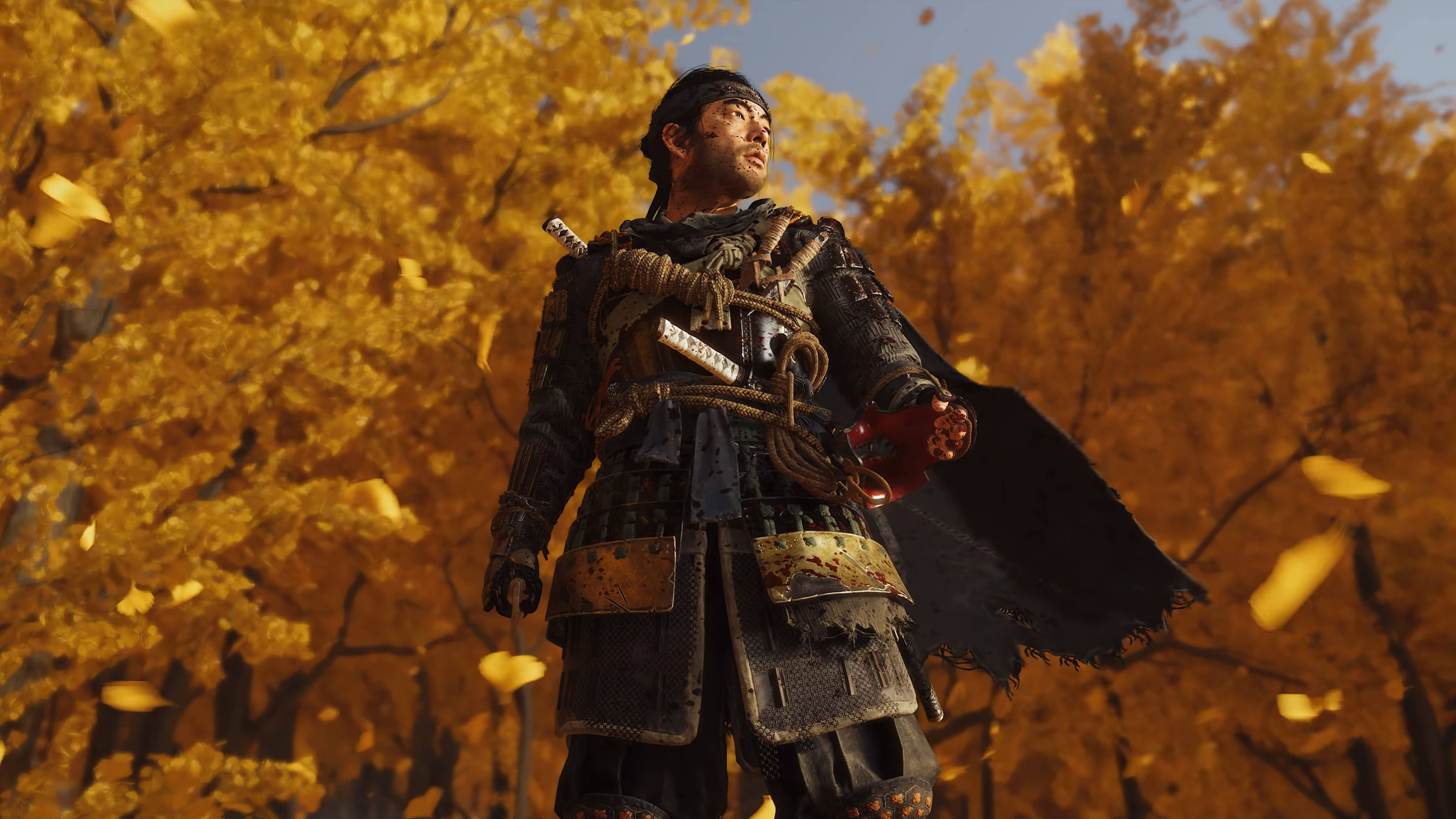 Ghost Of Tsushima Jin Sakai On Yellow Trees 4k Wallpaper