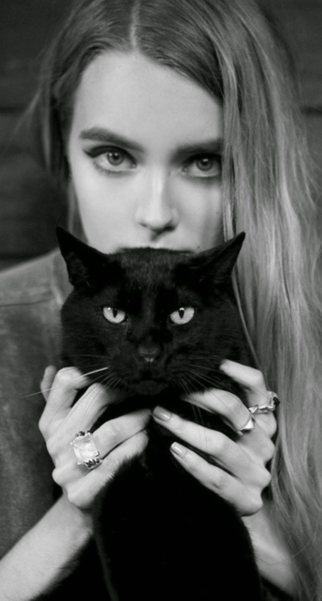 Girl With Black Cat Iphone Wallpaper