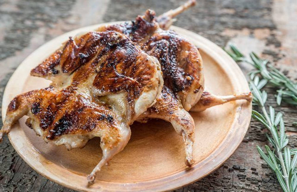 Grilled Quails On Wooden Platter Wallpaper