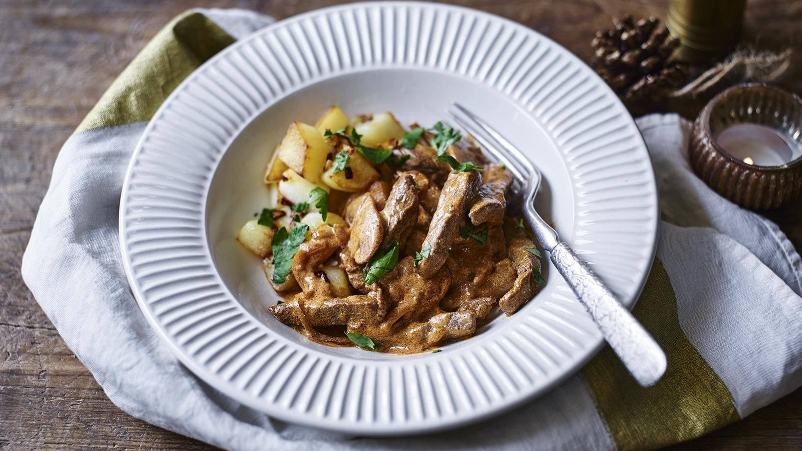 Hearty Homemade Beef Stroganoff With Steamed Potatoes Wallpaper