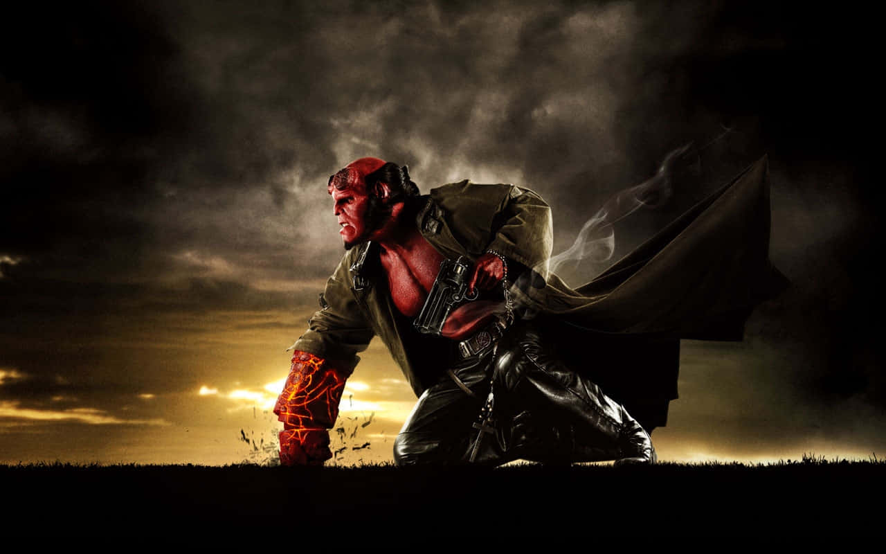 Hellboy Dramatic Pose Sunset Wallpaper