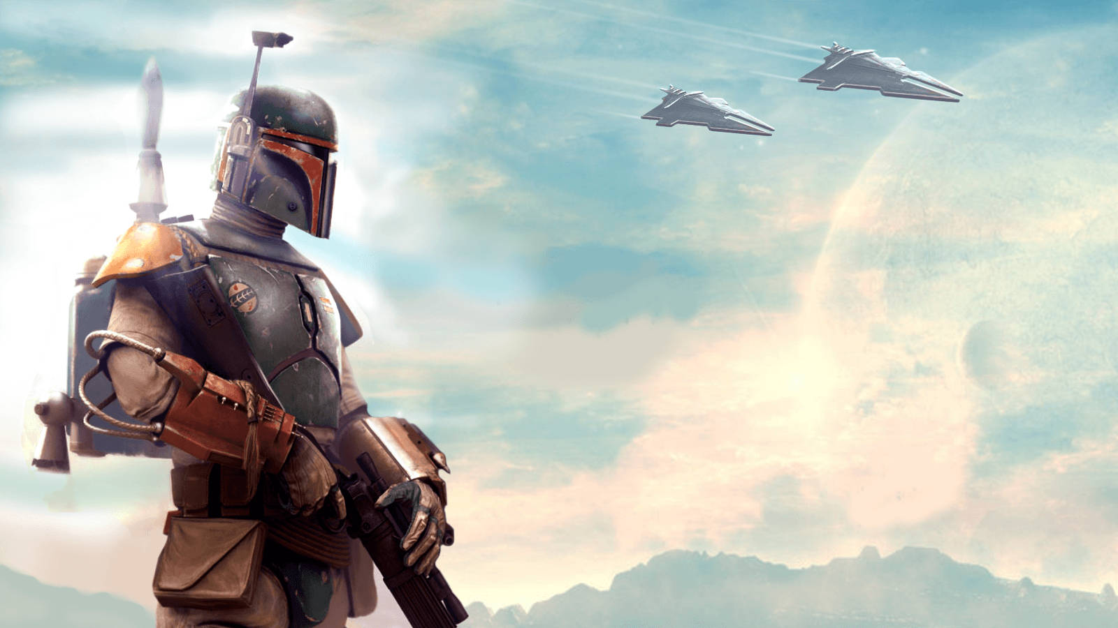 Image Boba Fett Flying Under An Offworld Sky Wallpaper