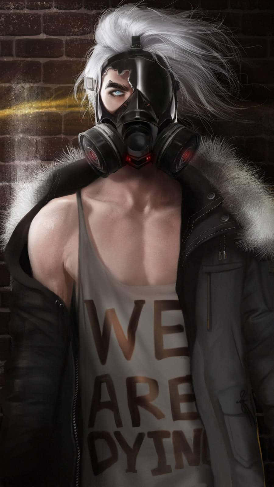 Intense Portrait Of A Muscular Young Man Wearing A Gas Mask Wallpaper