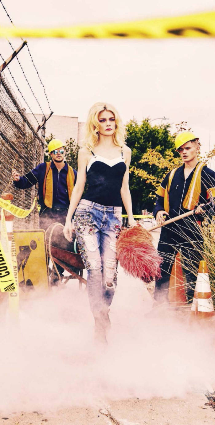 Jessica Stam With Construction Workers Wallpaper