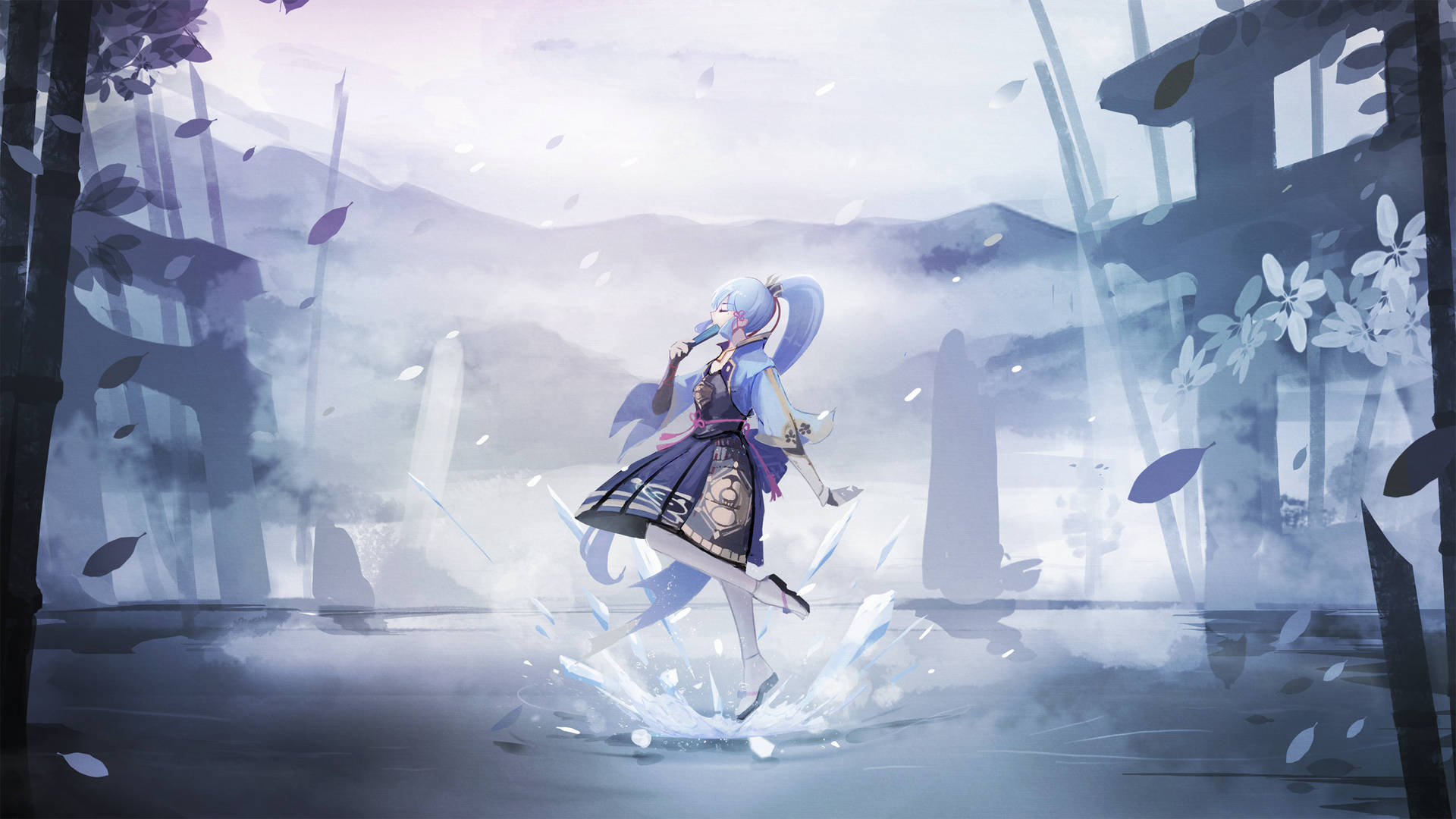 Kamisato Ayaka Gracefully Navigating Icy Steps Wallpaper