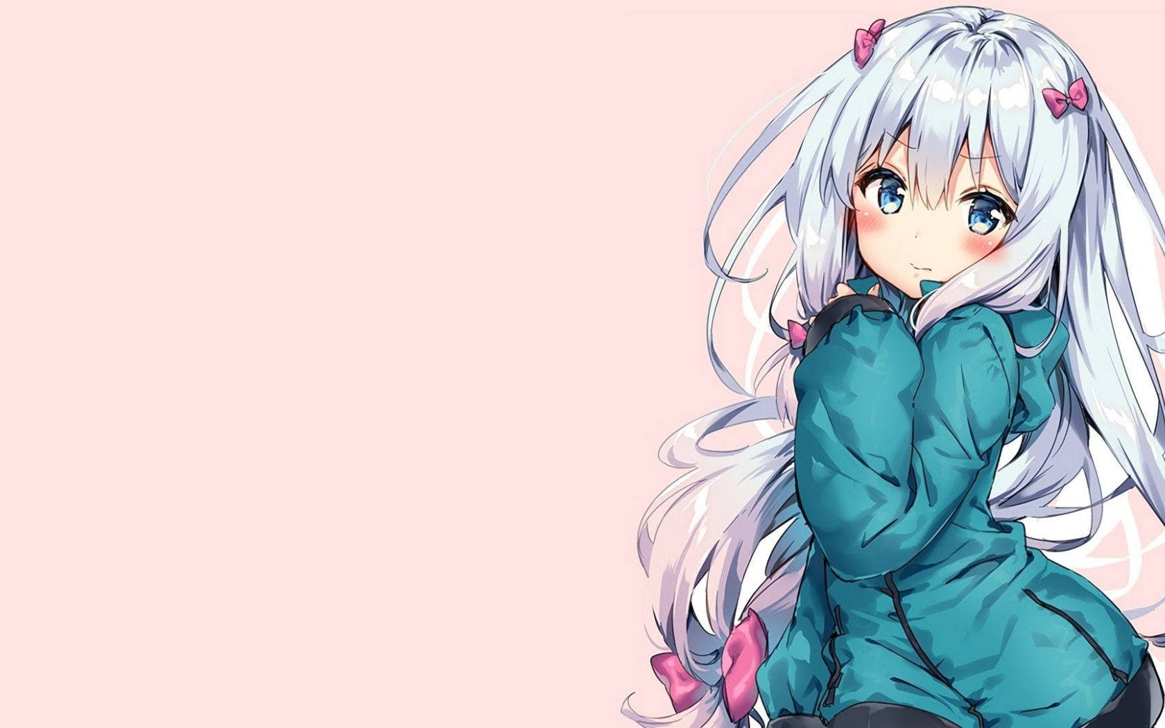 Kawaii Anime Girl With White Hair And Green Dress Wallpaper