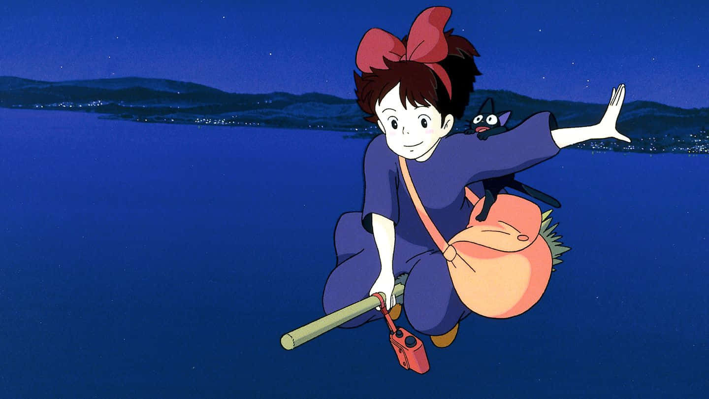 Kiki Taking Flight On Her Broom With Jiji, Her Black Cat Wallpaper