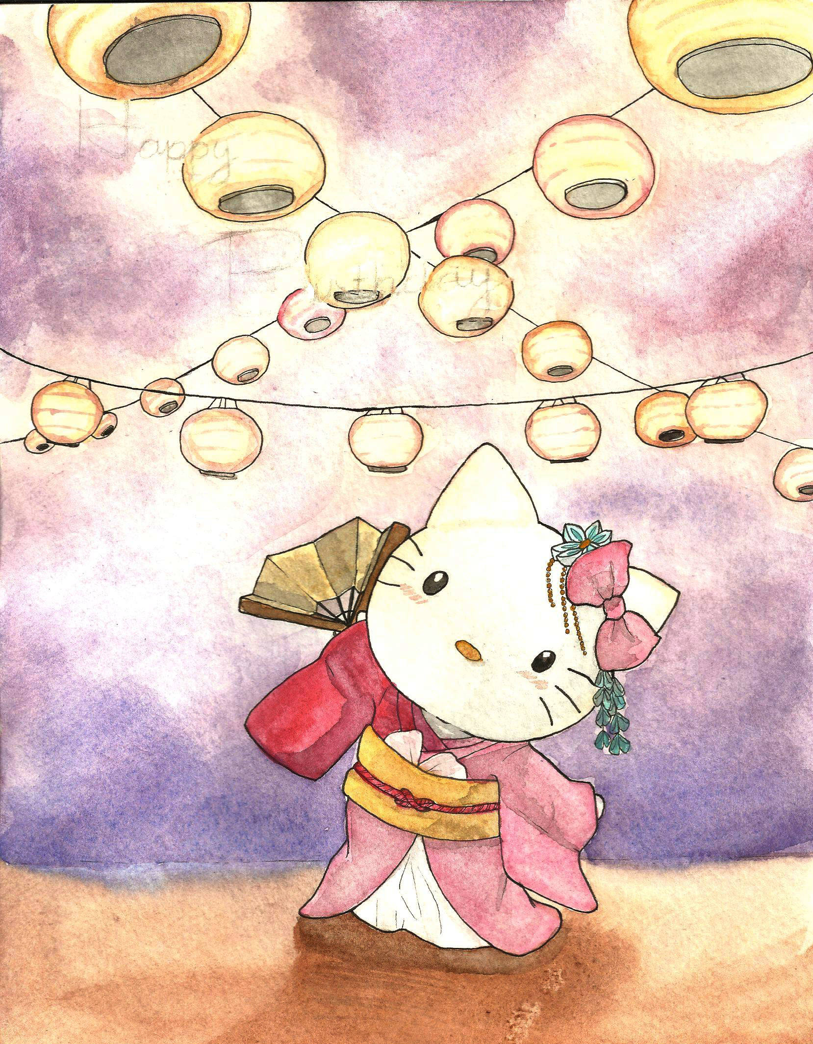 Kimono Hello Kitty Pfp Watercolor Illustration Wallpaper