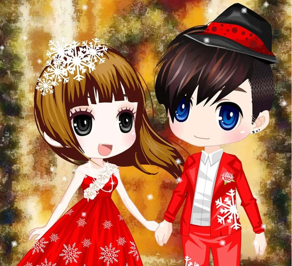 Korean Anime Girl In Red Dress With Lover Wallpaper