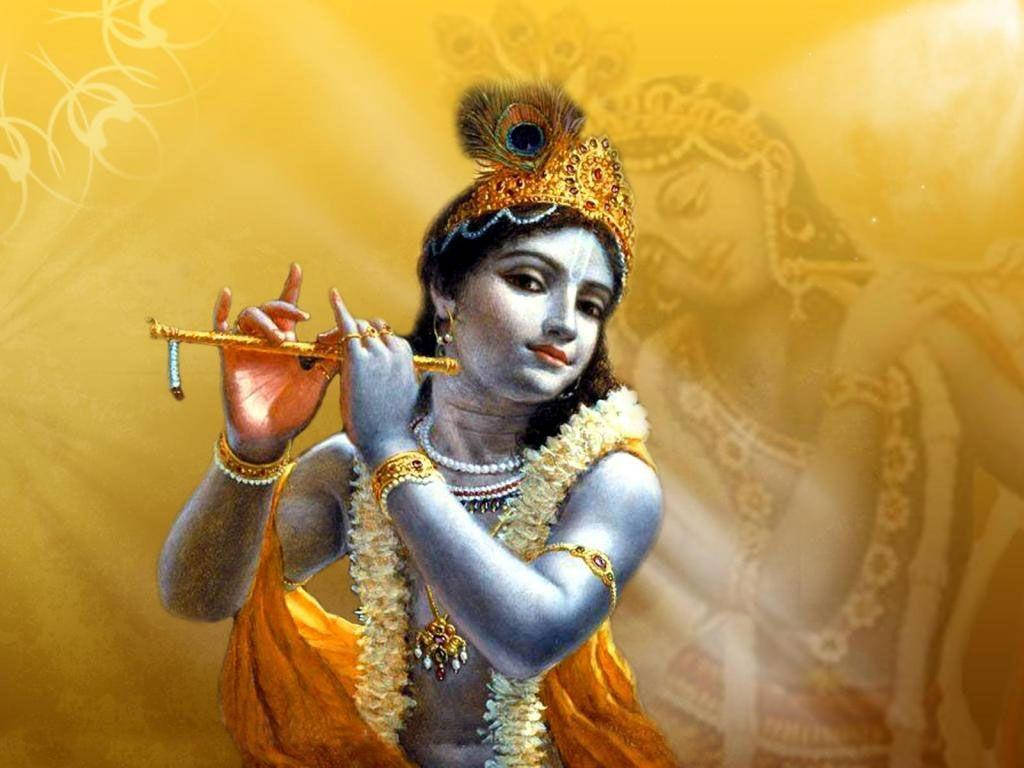 Krishna Bhagwan Playing Flute On Gold Wallpaper